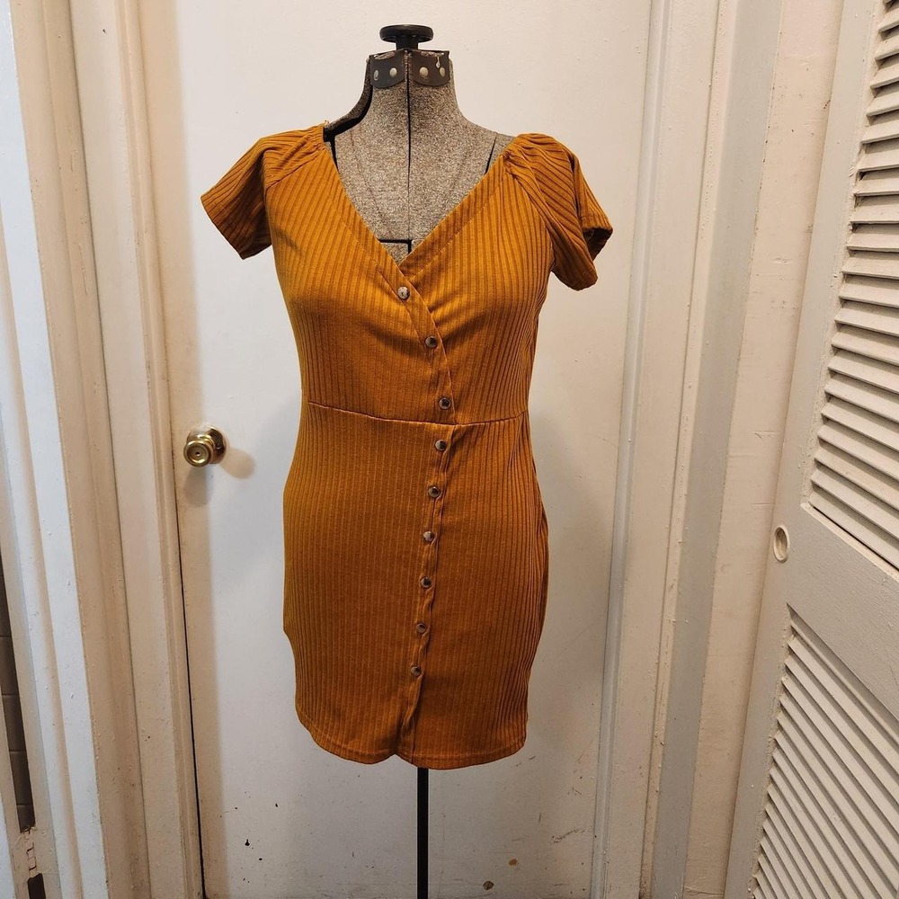 Orange ribbed knit mini dress with button-up front and puffy sleeves, size XL